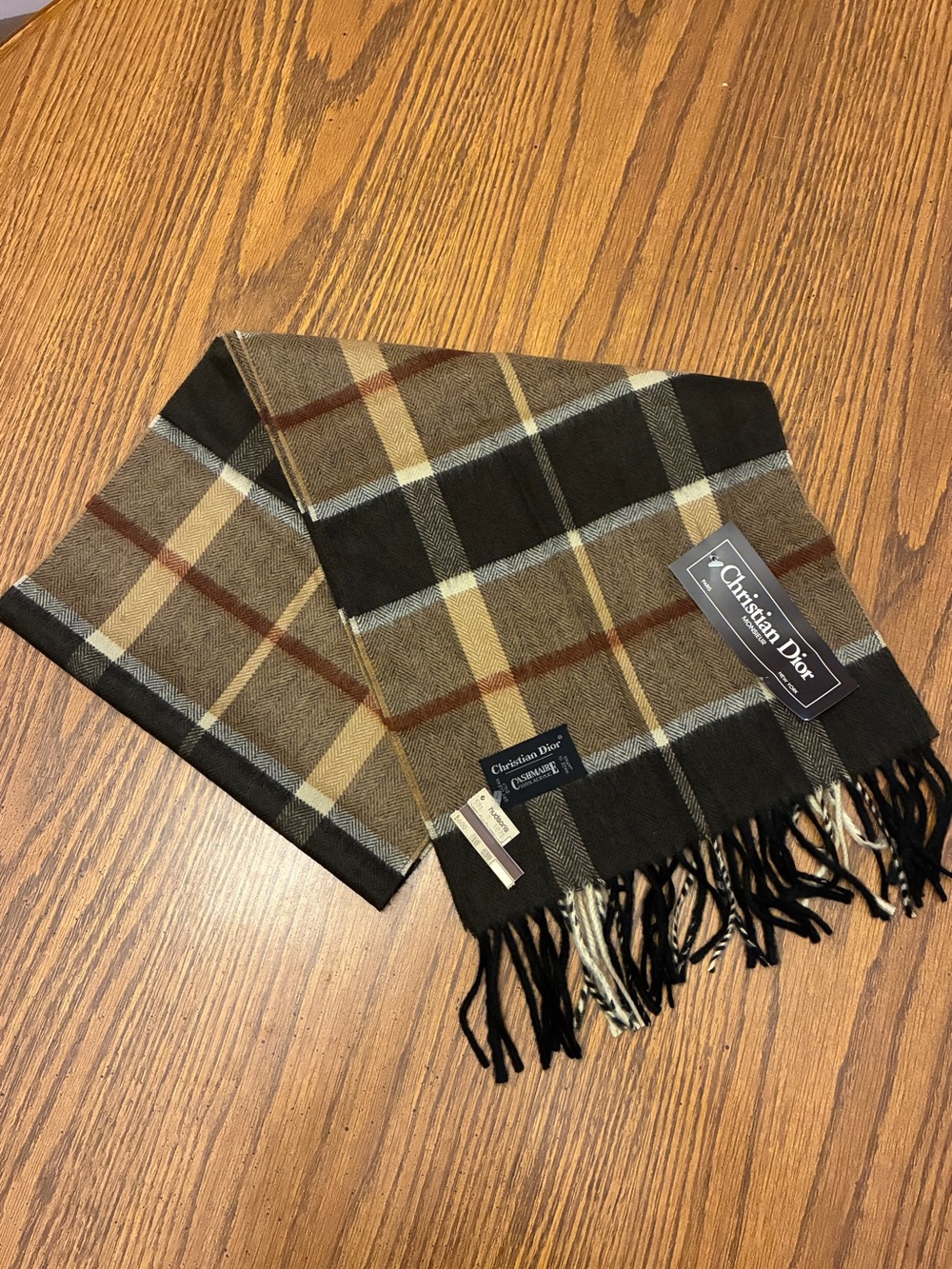 Dior Vintage Plaid Scarf in Brown, Black, Cream NWT
